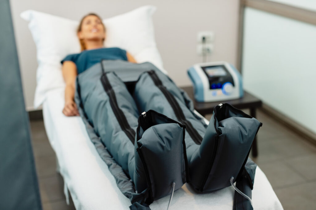 close up of pressotherapy treatment at spa center.